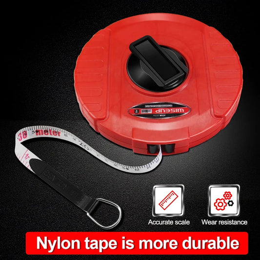 Heavy-duty fiberglass tape measure with double-sided printing and smooth manual crank for precise measurements in woodworking and construction projects