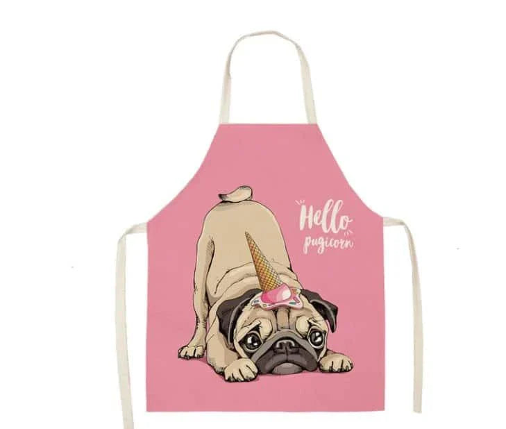 Charming pug-themed apron with a vibrant print, made of durable cotton and linen materials for practical kitchen use.