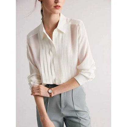 Elegant white blouse made from premium mulberry silk, designed with a sophisticated turn-down collar for the modern office lady