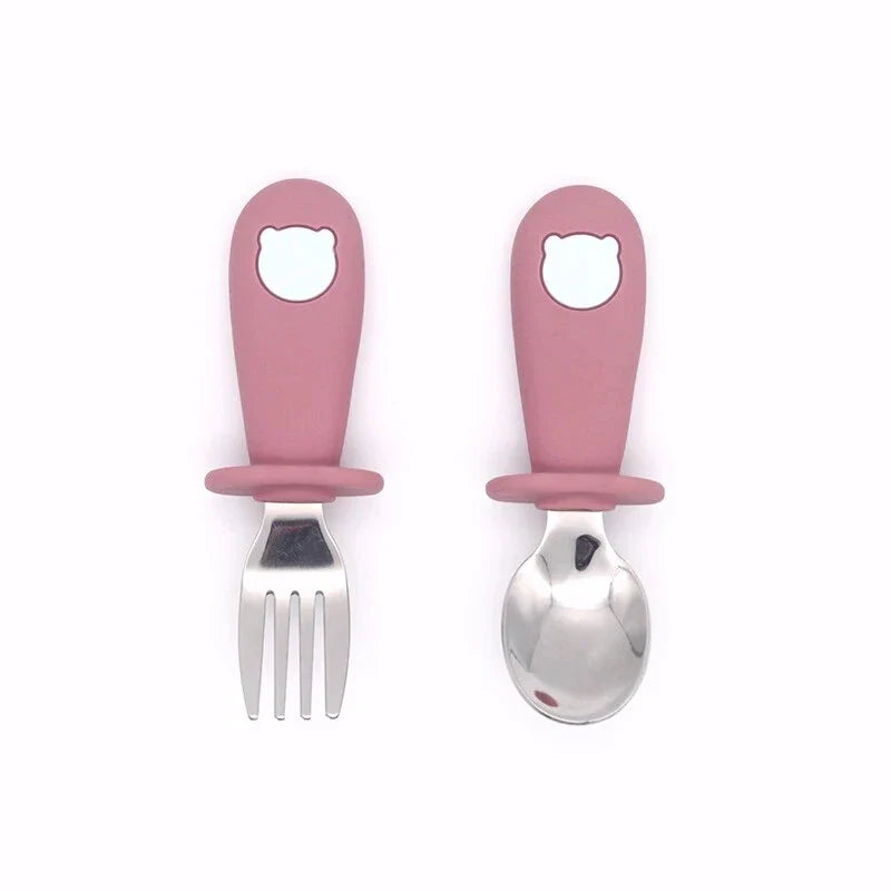 Cartoon Stainless Steel Kids' Cutlery Set with spoon and fork in playful designs, perfect for toddler and child mealtime
