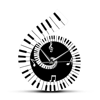 Wall clock with Treble Clef, Piano Keyboard, and Musical Notes design in black and white color