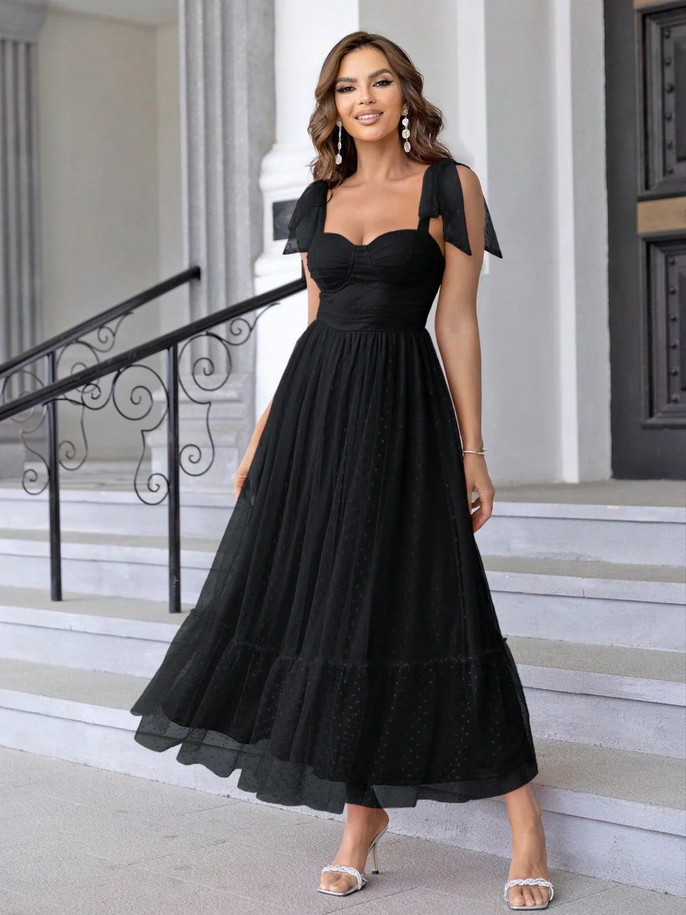Fairy-inspired dress with mid-length silhouette, lace-up details, and luxurious polyester fabric