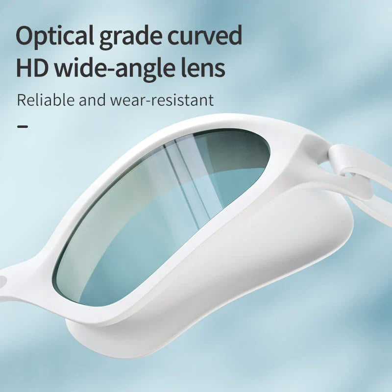 Premium anti-fog mirrored swimming goggles with adjustable silicone strap and UV protection