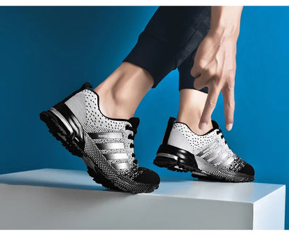 Lightweight and breathable men's running shoes with a mesh upper design for optimal airflow and a durable rubber sole for support and flexibility.