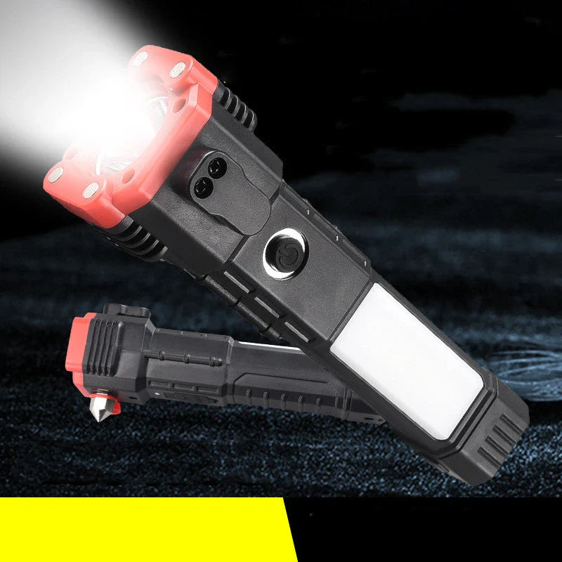 Multifunctional LED flashlight with emergency hammer, seatbelt cutter, and USB charging capabilities