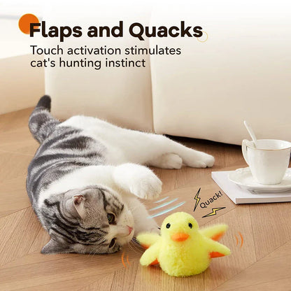 Interactive plush duck toy with flapping wings and quacking sounds, designed to engage and entertain cats