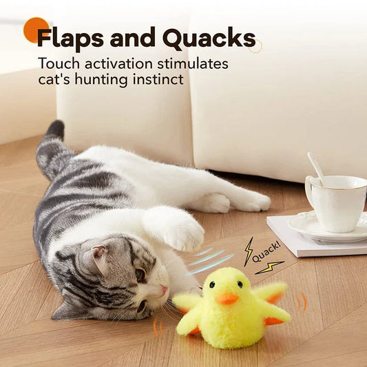 Interactive plush duck toy with flapping wings and quacking sounds, designed to engage and entertain cats