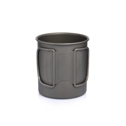 Titanium camping mug with lid, foldable design, available in multiple sizes for outdoor adventures