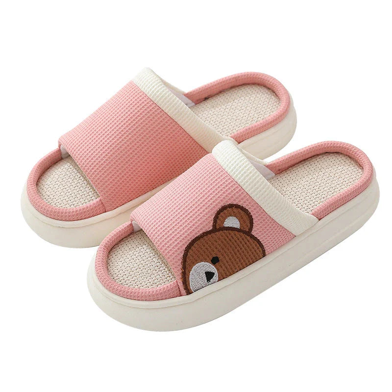Cozy cartoon bear design linen slippers with non-slip, breathable sole for comfortable indoor wear