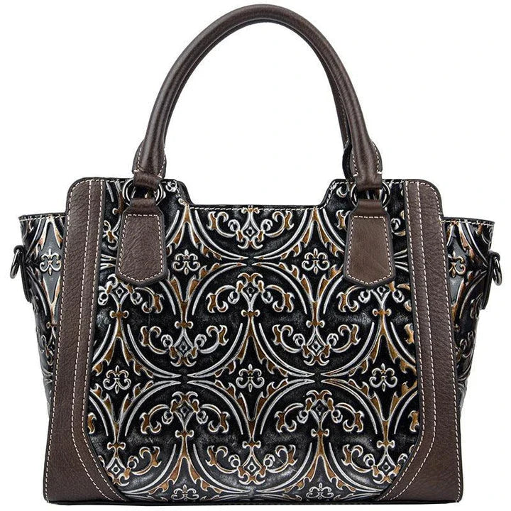 A fashionable large capacity leather shoulder bag for women in a vintage-inspired floral design with multiple interior pockets for organization.