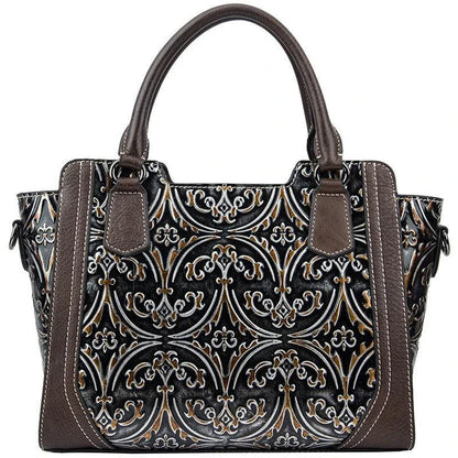 A fashionable large capacity leather shoulder bag for women in a vintage-inspired floral design with multiple interior pockets for organization.