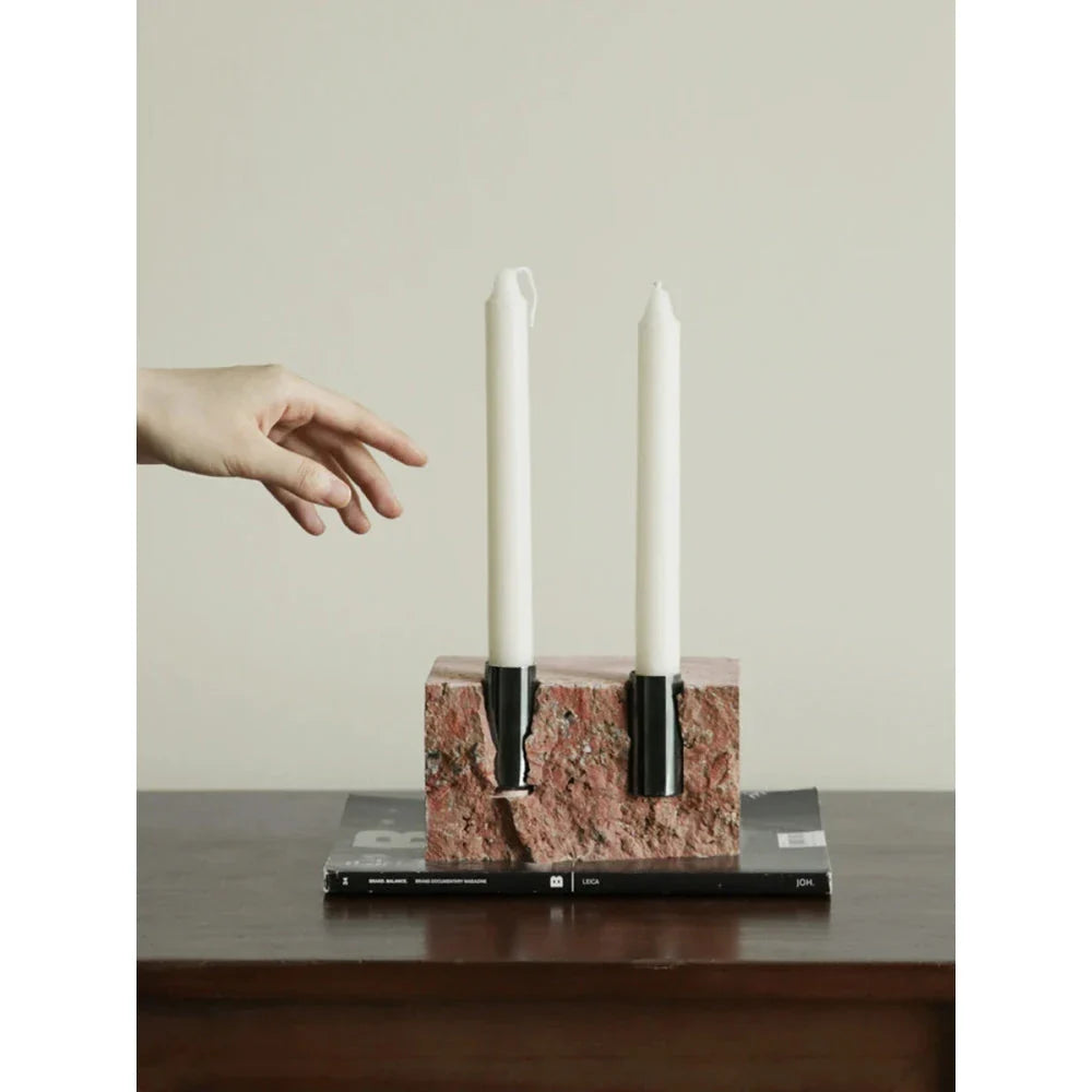 Elegant minimalist red travertine vase with natural stone texture and European-inspired design, perfect for rustic home decor