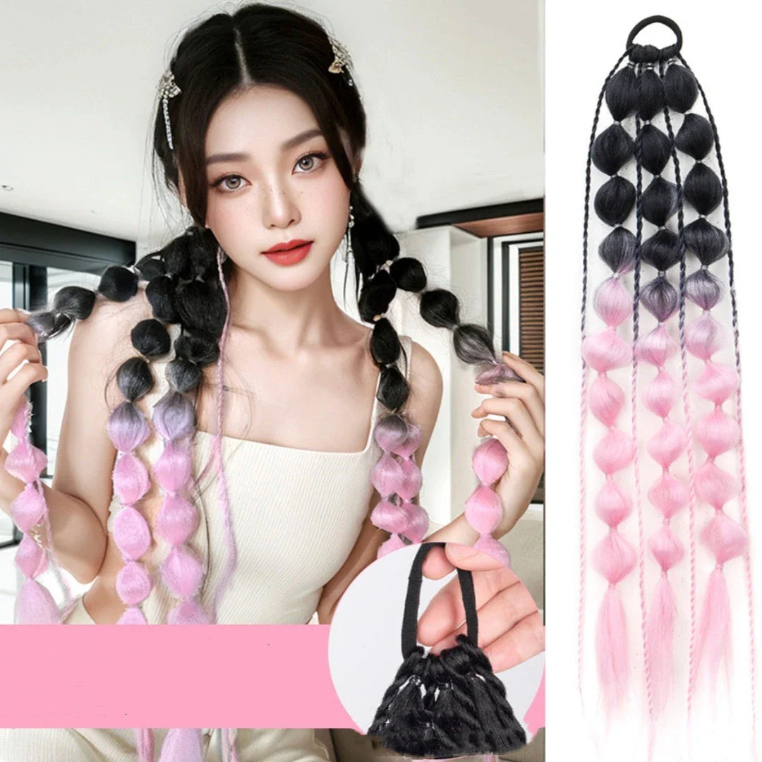 Colorful bubble braid ponytail wig made of high-quality heat-resistant fibers for a vibrant, unique style