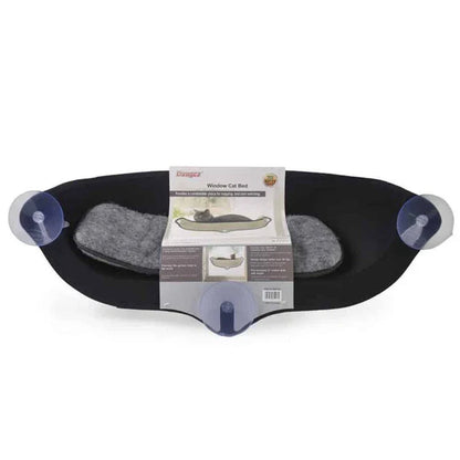 Cozy beige felt cat window hammock bed with plush mat, attached to window with suction cups