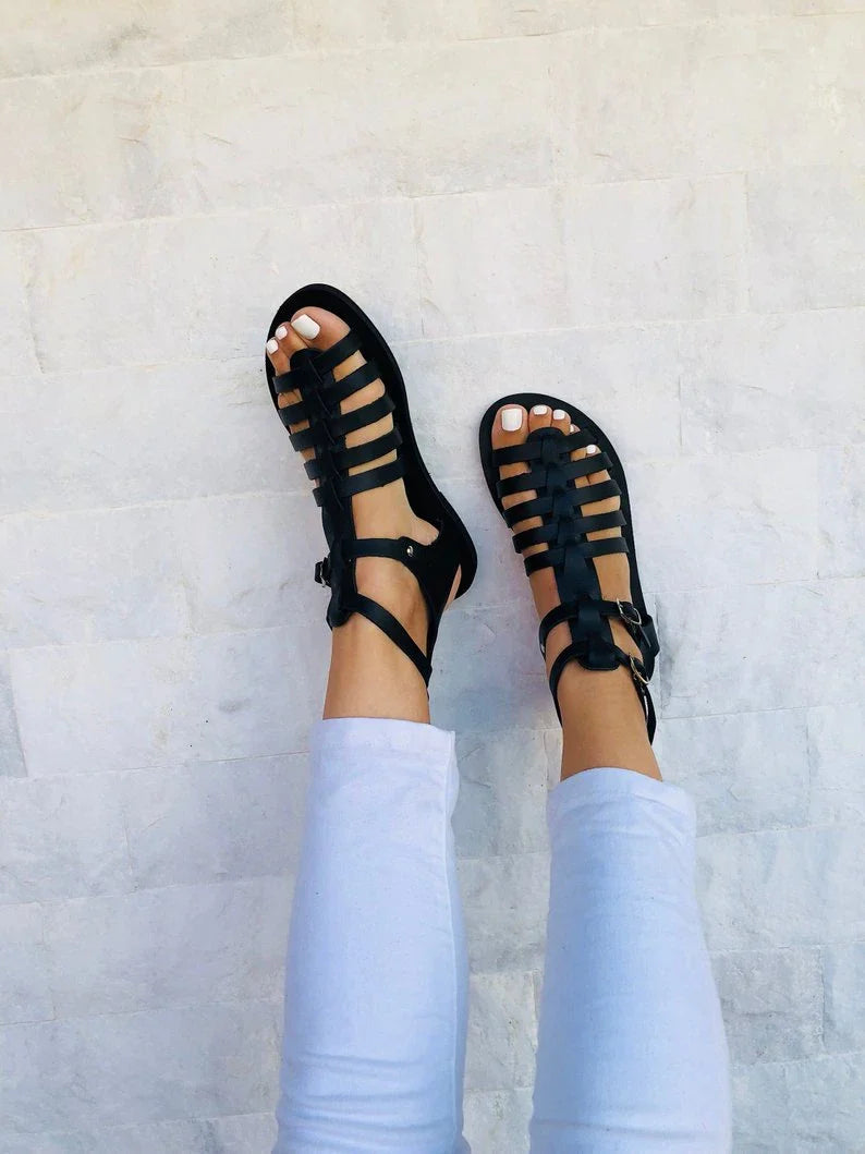 Stylish and comfortable ladies ribbon stitching lace leather roman sandals in black and yellow colors