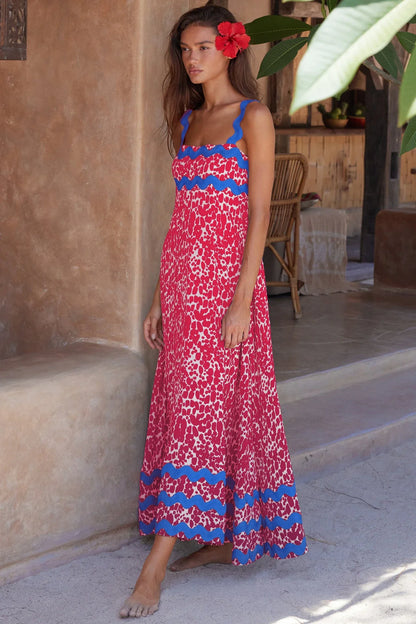 Floral Print Wavy Dress for Women - Stylish A-Line Beach Fashion with Vibrant Floral Pattern