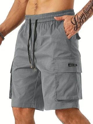 Drawstring waist men's workwear shorts with multiple pockets in various colors
