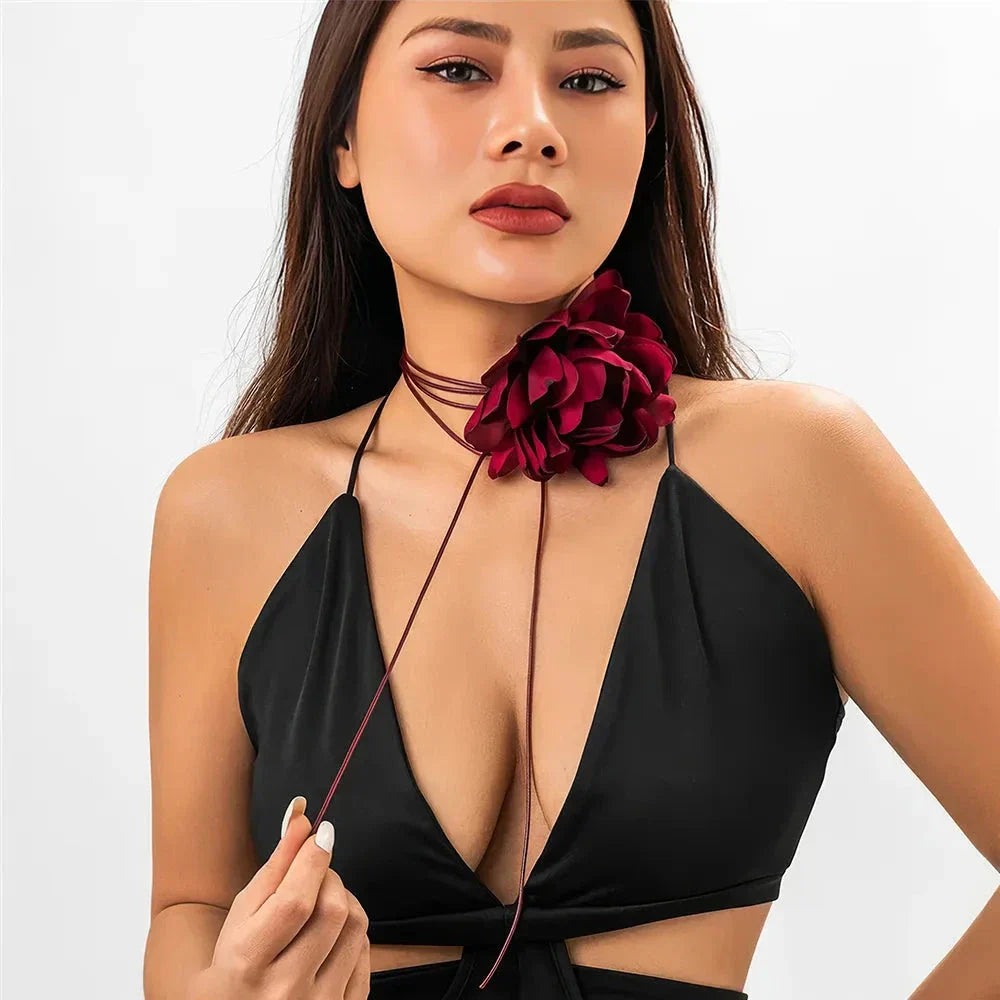 Elegant Rose Flower Statement Choker Necklace for Women - Premium French Velvet, Adjustable Fit, Bold Floral Pendant