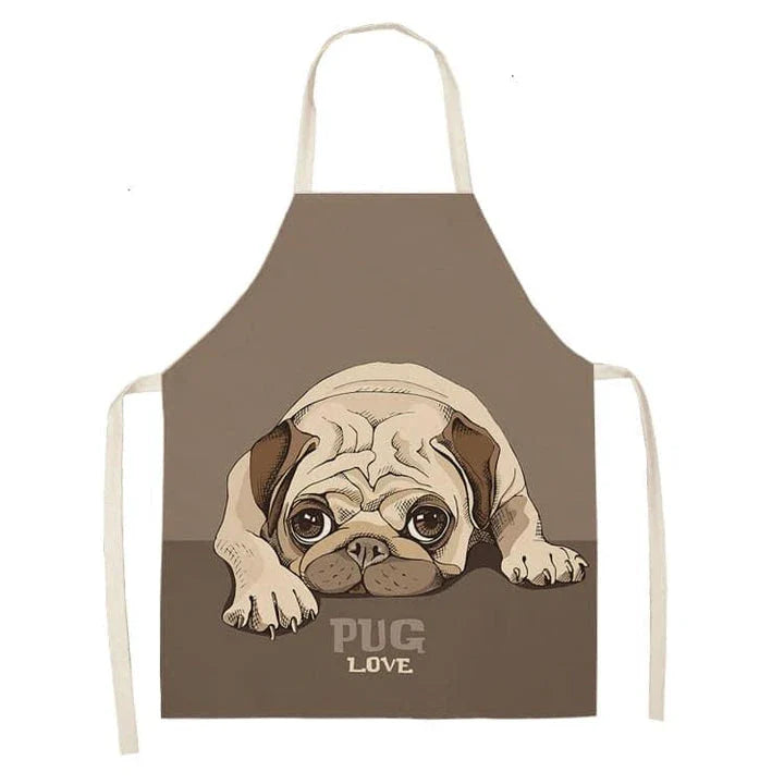 Charming pug-themed apron with a vibrant print, made of durable cotton and linen materials for practical kitchen use.