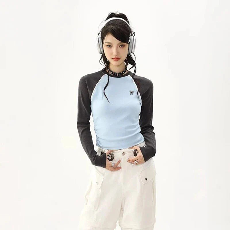 Chic Retro Patchwork Ribbed T-Shirt for Women in Blue, featuring a unique patchwork pattern and a comfortable, stylish design.