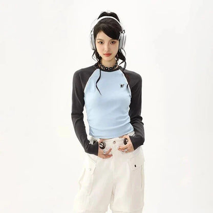 Chic Retro Patchwork Ribbed T-Shirt for Women in Blue, featuring a unique patchwork pattern and a comfortable, stylish design.