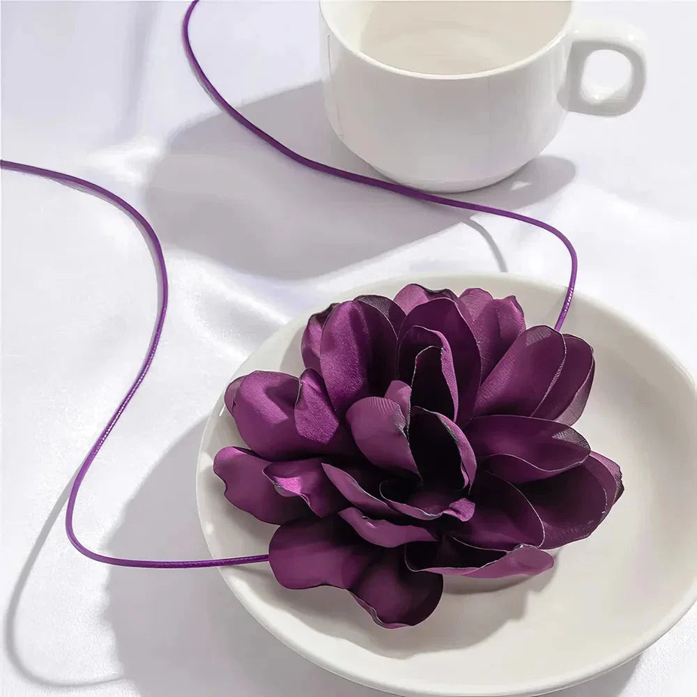 Elegant Rose Flower Statement Choker Necklace for Women - Premium French Velvet, Adjustable Fit, Bold Floral Pendant