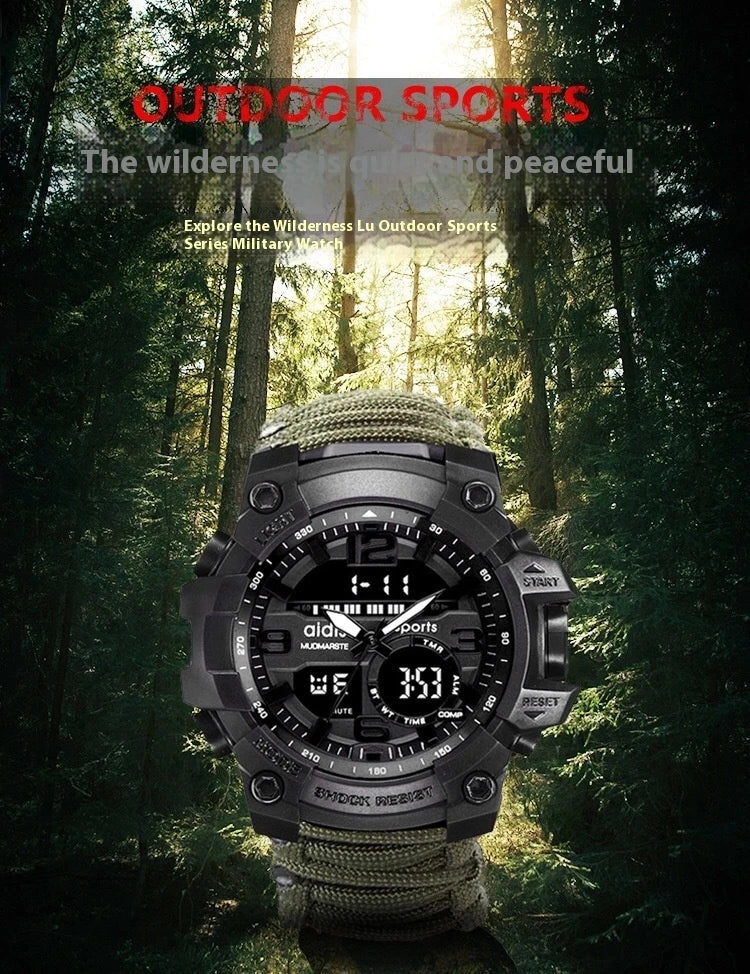 Outdoor survival watch with compass, parachute cord, and water-resistant design for rugged adventures