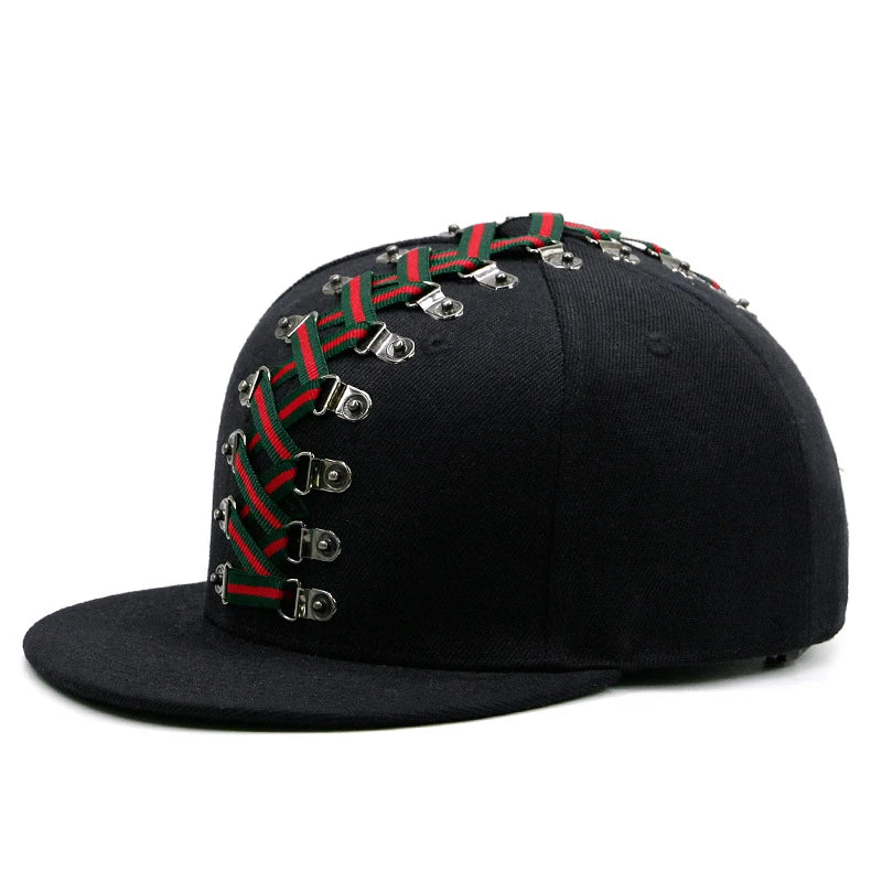 Punk Hip Hop Baseball Cap with Flat Brim, Adjustable Fit, and Handmade Rivet Detailing