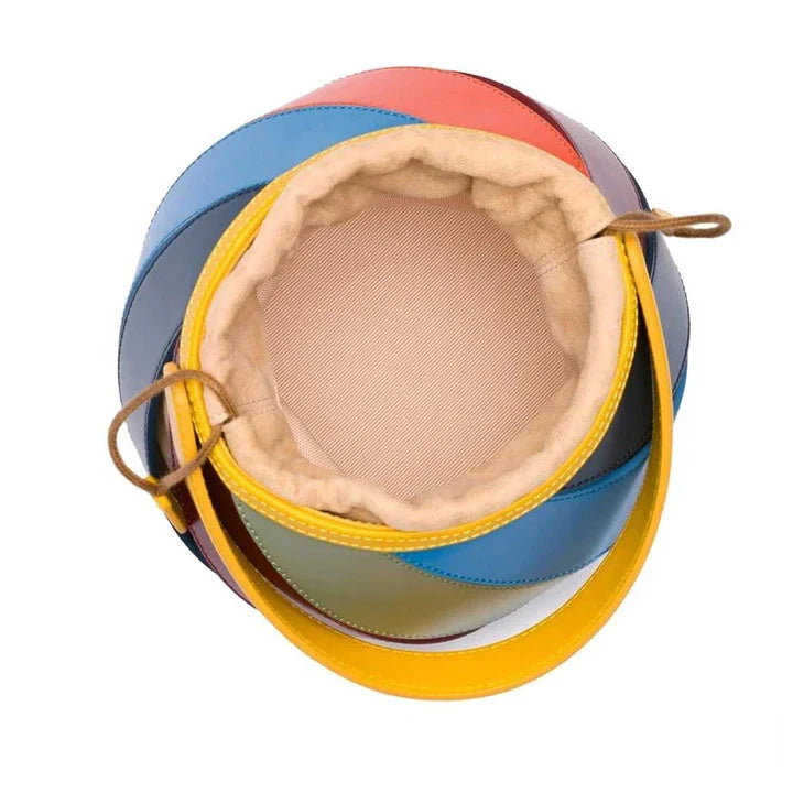 Colorful striped PU leather bucket handbag with adjustable strap and roomy interior