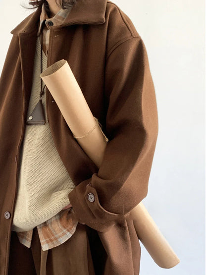 Premium Japanese-inspired retro wool coat in a classic brown color, featuring a single-breasted design and lapel collar for a polished look.