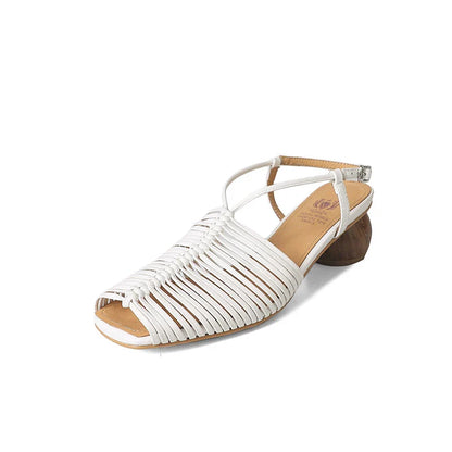 Stylish high heel genuine leather sandals in silver color with ankle strap and fashionable buckle closure