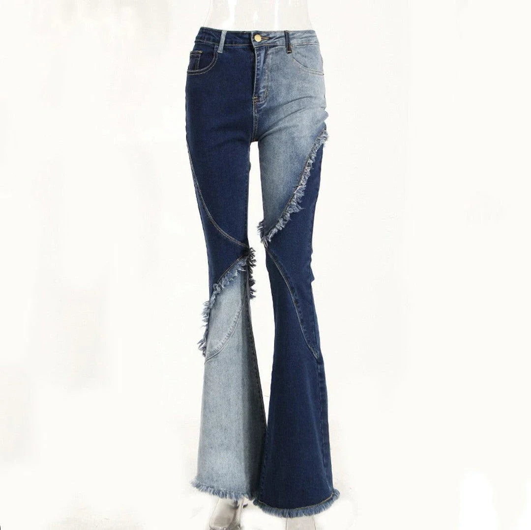 Geometric raw edge jeans with high-waisted, slimming design in blue denim