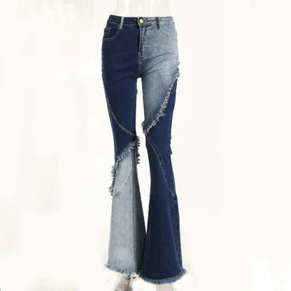 Geometric raw edge jeans with high-waisted, slimming design in blue denim