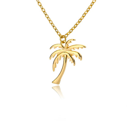 Stainless steel palm tree pendant necklace with sleek chain, perfect for summer beach style and bohemian fashion