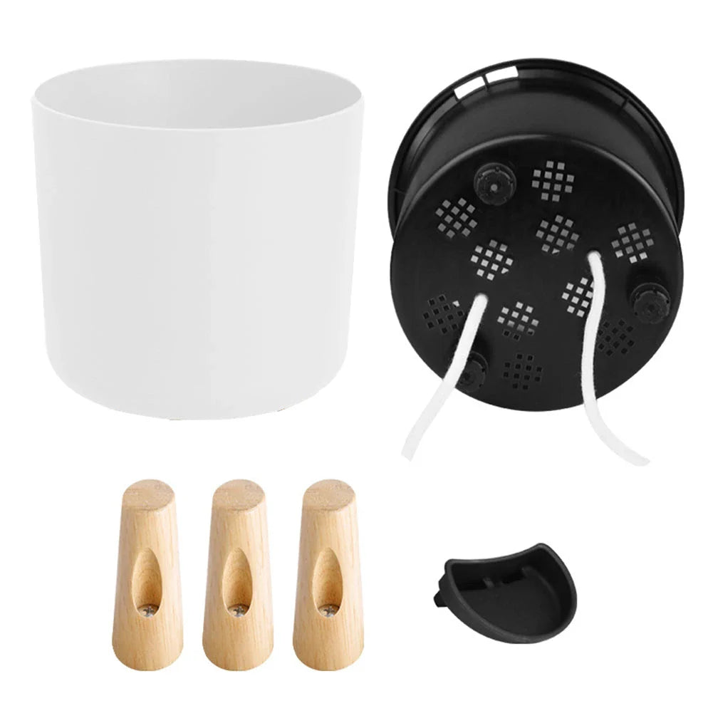 A modern self-watering planter with a wooden stand, designed to simplify indoor gardening and enhance any space with its chic and functional features.