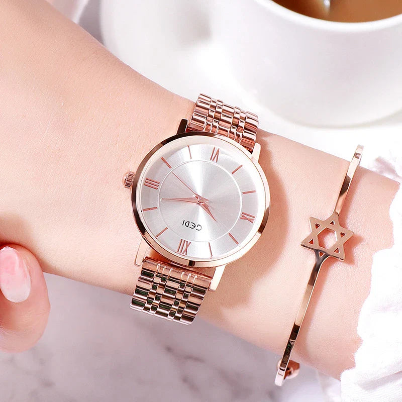 Fashionable women's waterproof watch with alloy and stainless steel construction, available in various color options