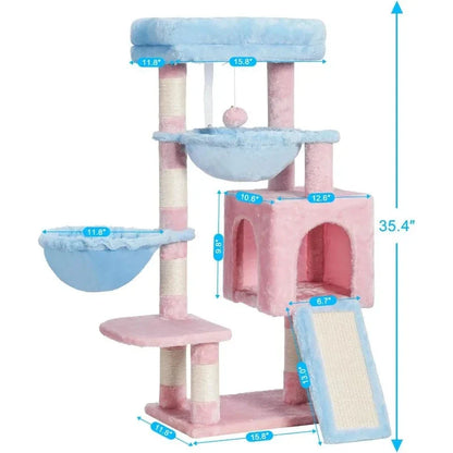A multi-level cat tree tower with padded beds, hammocks, and sisal-wrapped scratching posts for indoor cats to play, rest, and scratch