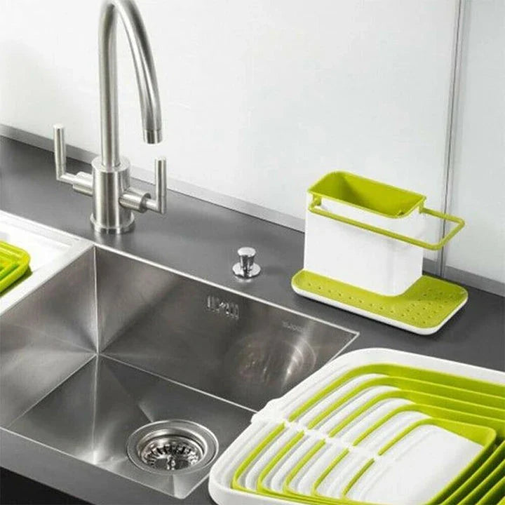 Multifunctional sink organizer with storage compartments, drying rail, and drip tray for a tidy kitchen countertop