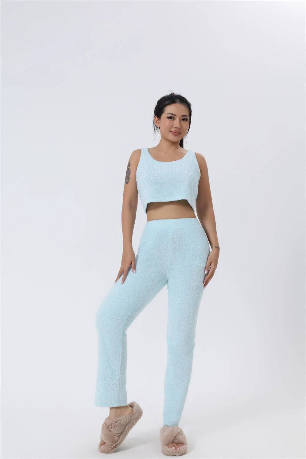 Cozy 3-piece loungewear set in pastel colors including crop top, wide-leg pants, and matching cardigan