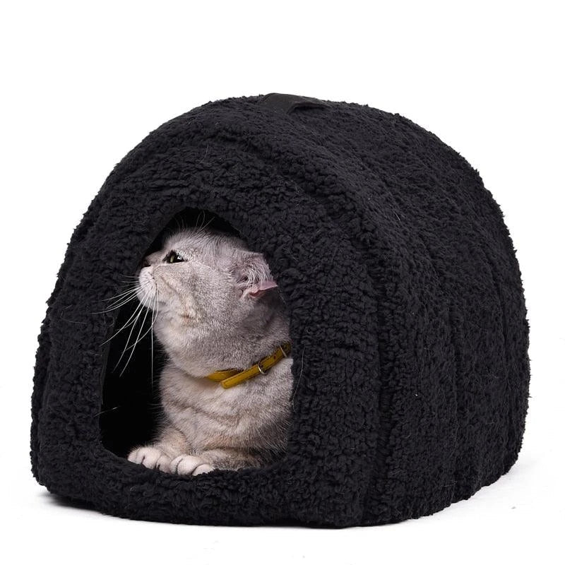Arch-shaped cotton cat house with raised platform for cozy resting spot
