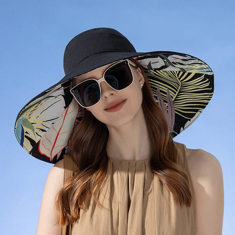 Fashionable Large Brim Women's Sun Hat in Beige with Reversible Floral Print Design