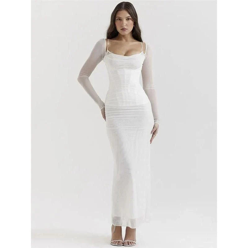 Elegant sheer long sleeve maxi dress with a backless design and H-profile silhouette for a sophisticated and alluring evening look.