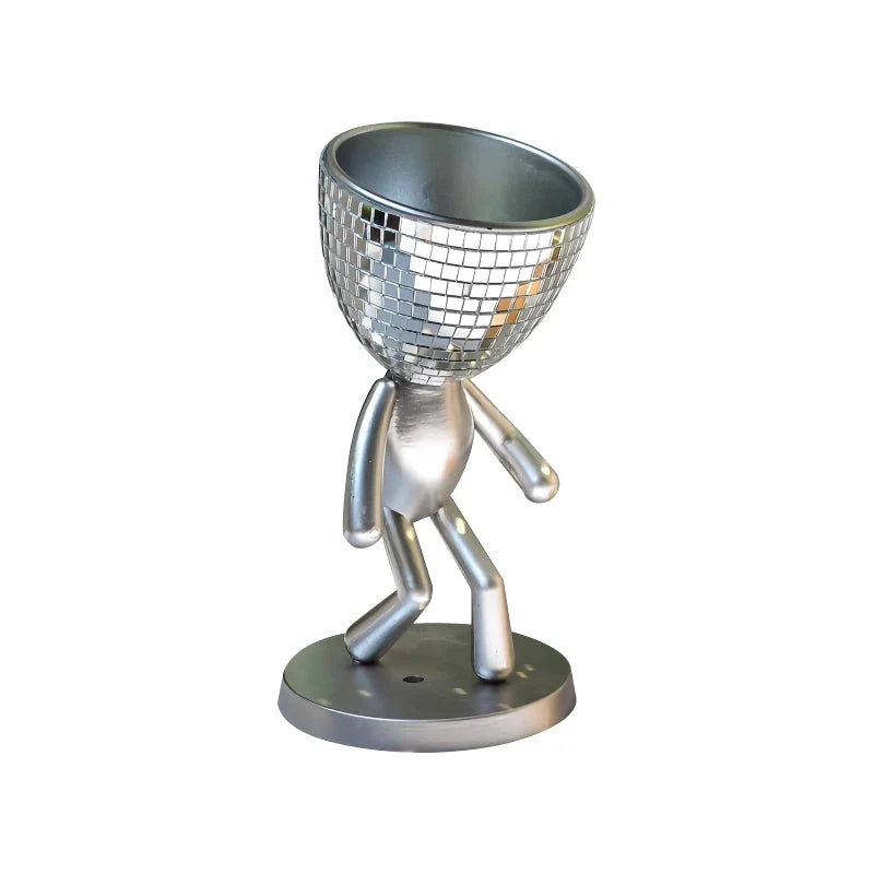 Elegant mirror disco walking man planter pot with sparkling mirror tiles and a unique walking man design