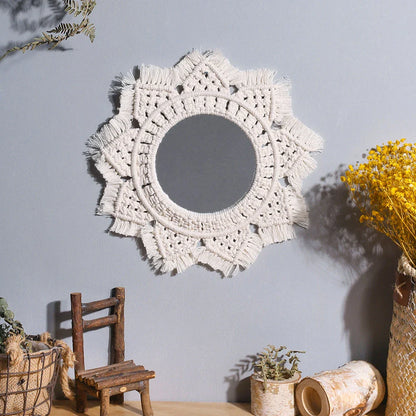 Handcrafted white macrame mirror wall hanging with intricate boho-inspired design, perfect for adding style and charm to home decor