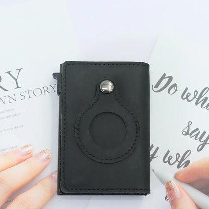 Automatic leather card wallet with anti-loss tracking feature, made with premium cowhide leather and aluminum alloy for secure and convenient card storage.