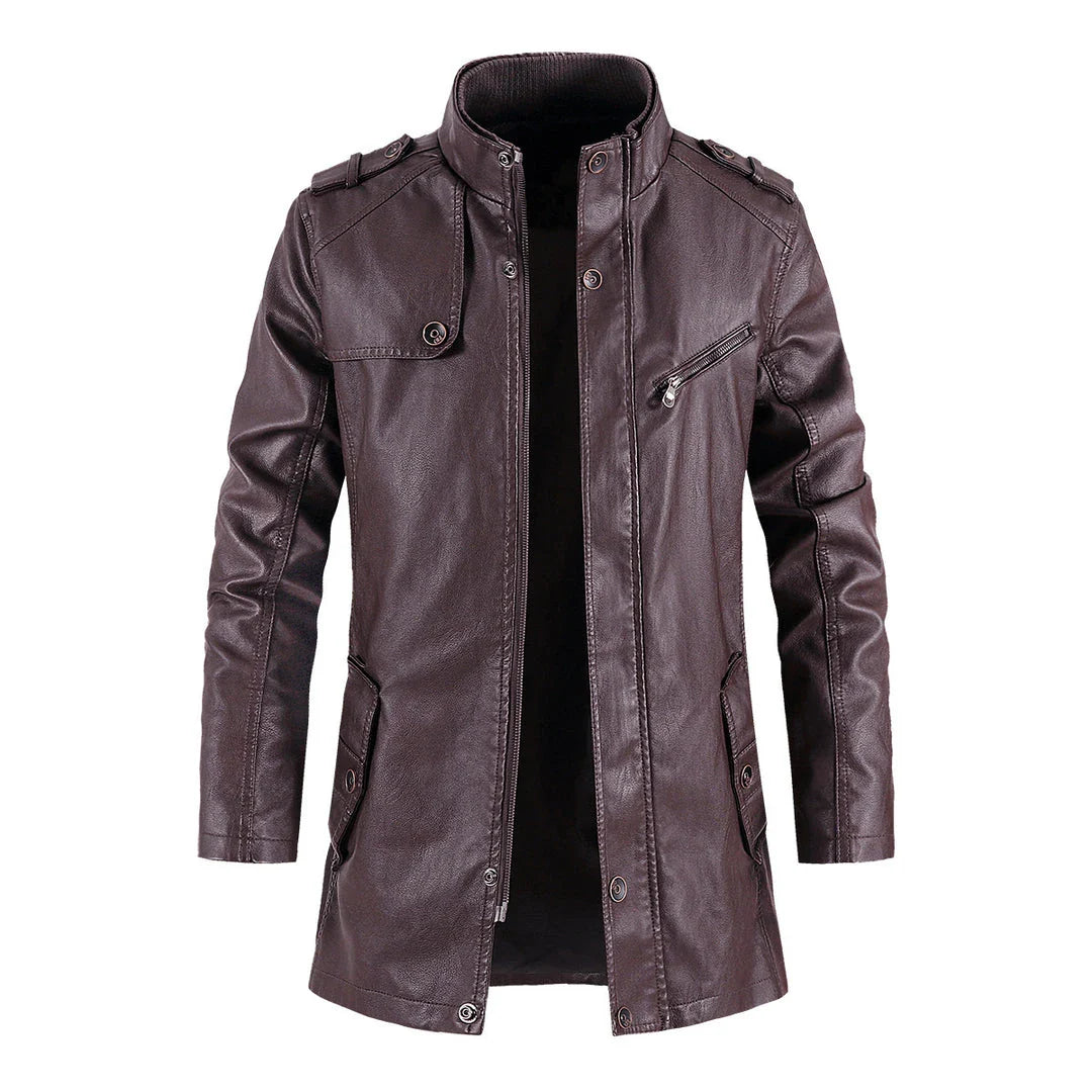 Fashionable standing collar plush leather jacket for men in black, brown, and light brown colors