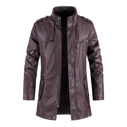 Fashionable standing collar plush leather jacket for men in black, brown, and light brown colors