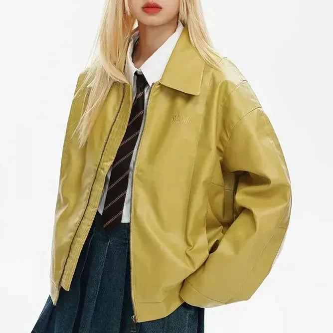 Edgy women's bomber jacket with zippered closure and turn-down collar, perfect for autumn and winter streetwear style