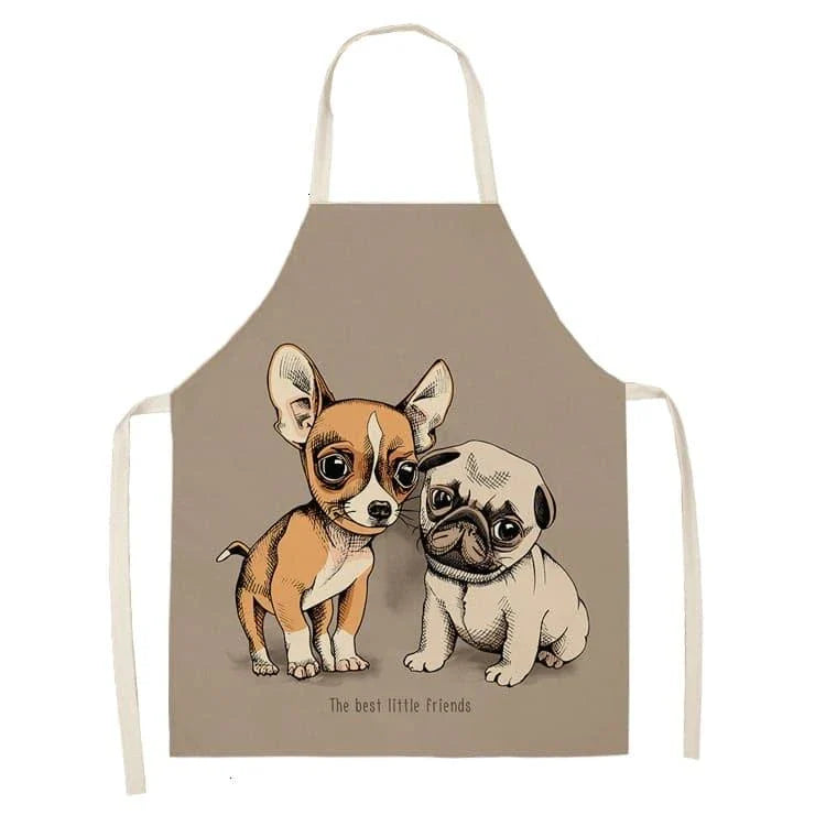 Charming pug-themed apron with a vibrant print, made of durable cotton and linen materials for practical kitchen use.