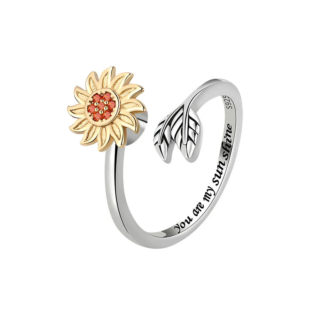 Sunflower Adjustable Rotating Ring in Platinum Finish - Elegant Floral Accessory for Everyday Wear